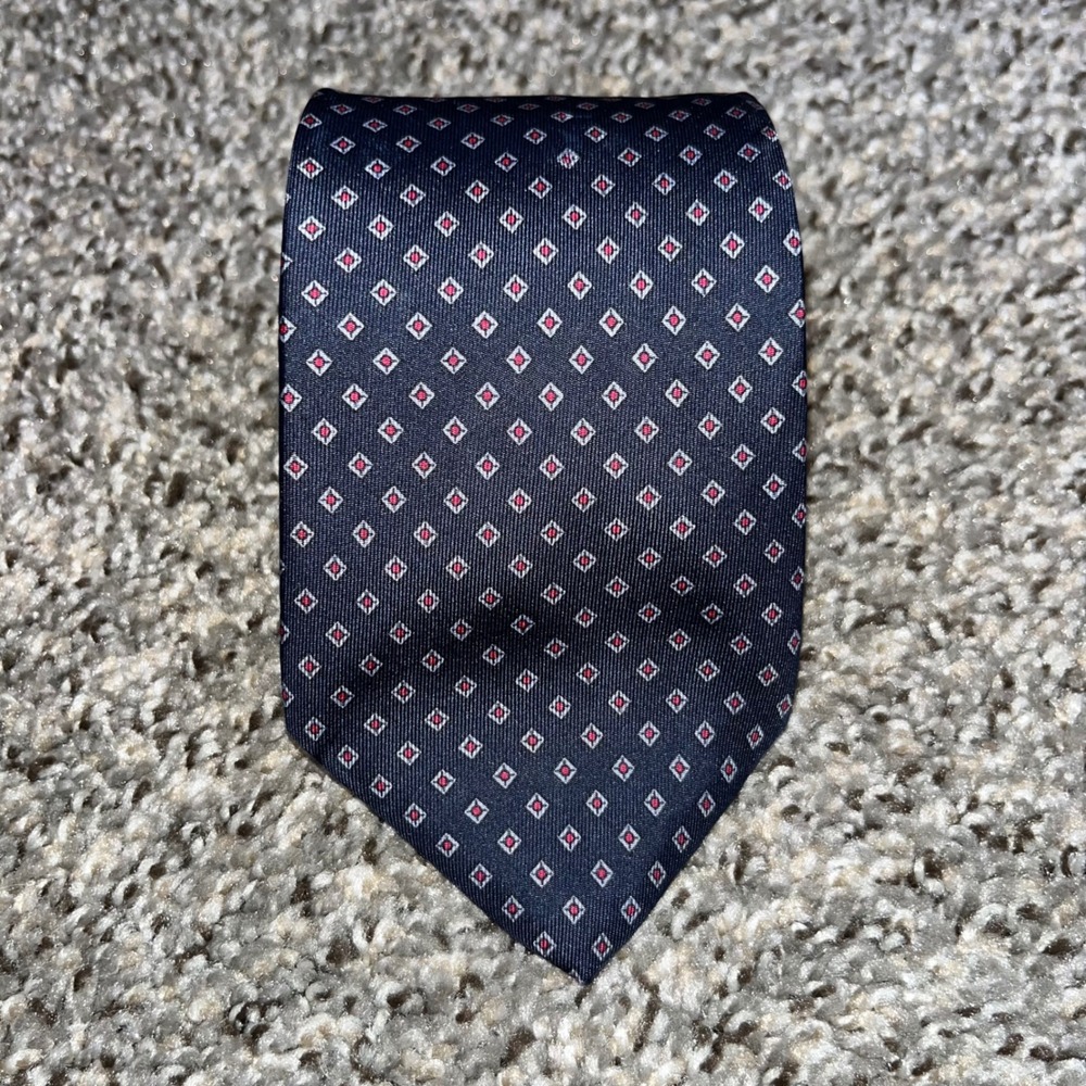 Vintage Yves Saint Laurent YSL Silk Tie Navy Blue Red Geometric Diamond 90s